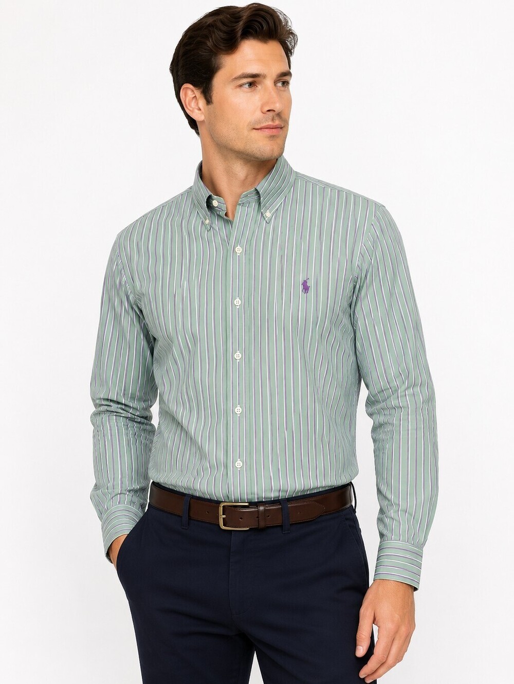 Ralph Lauren Green Purple Stripe Button Down Dress Shirt Classic Fit -17 1/2''